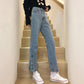 WTEMPO Women's Jeans Loose and Slim Wide Leg Straight  Denim Big Pocket Trousers Button Split