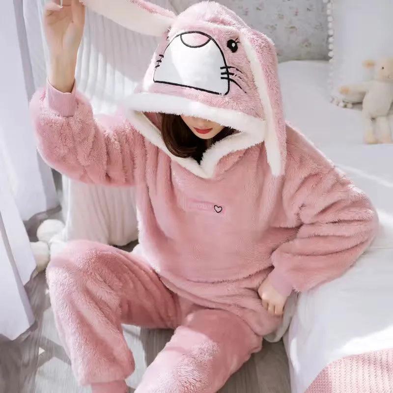 Women's Cute Cartoon Rabbit Ear Hooded Coral Fleece Pajamas Set Long Sleeves Thickened Velvet Winter Spring Flannel Warm Home Wear Sleeppingsuit