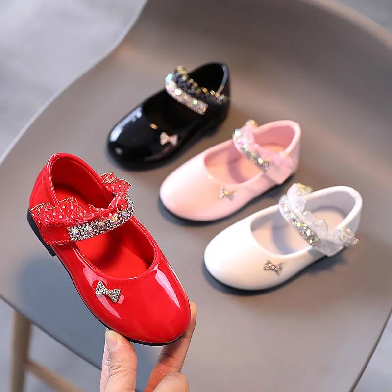 Girl's Soft Soled Bowknit Shoes Lace and Sequins Decoration Breathable Single Shoes Girls' Non Slip Solid Color Princess Shoes