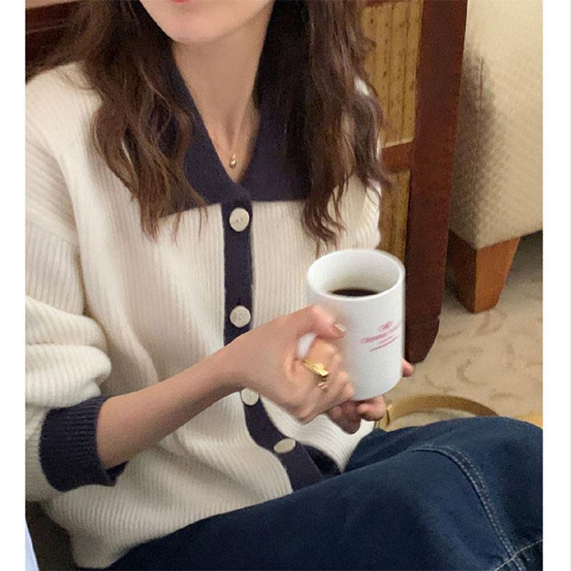 Retro Lapel Contrast Color Thickened Knitted Cardigan Women's Short Long Sleeves Lazy Loose Polo Collar Sweater Coat