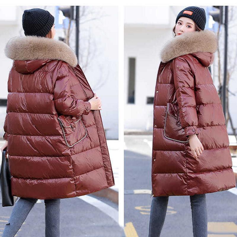 Women's Glossy Loose Down Jacket Mid-length Korean Thick Coat Warm Cotton Coat with Big Fur Collar Winter Quilted Jacket