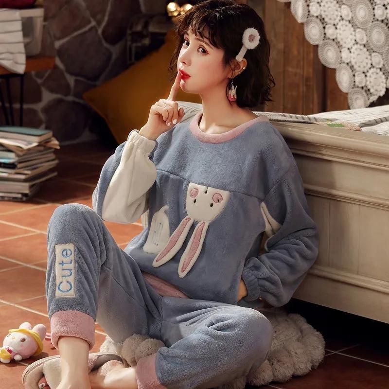 Coral Fleece Pajamas Women Autumn Winter Sleepwear Thick Warm Velvet Homewear Top and Pant Suit Cartoon Cute Nightwear O Neck Pullover Long Sleeve