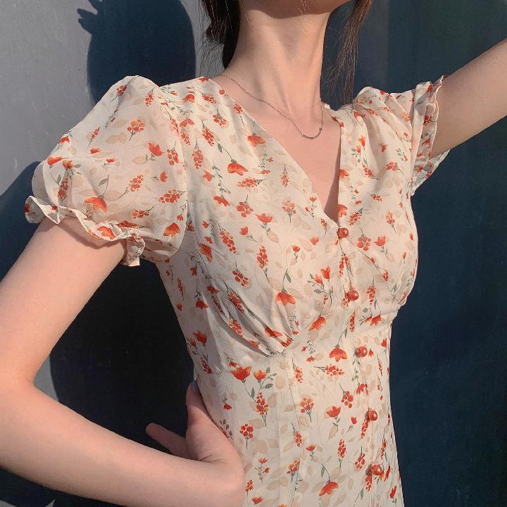 Chiffon Floral Short Sleeve Temperament V-neck Dress Medium Length Women's Summer French Retro Waist Slim Platycodon Skirt