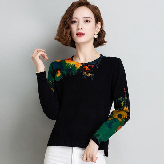 Ethnic Style Printed Wool Sweater Women Short O-Neck Cashmere Sweater Loose Plus Size Comforable Knit Sweater Jumper Bottoming or Outwear