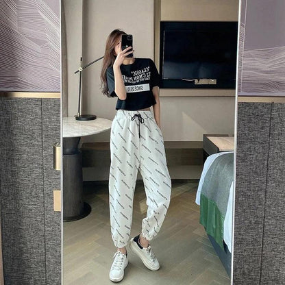 High Waist Slimming Straight Loose Thin Harem Pants Letter Sports Chiffon Pants Women Summer