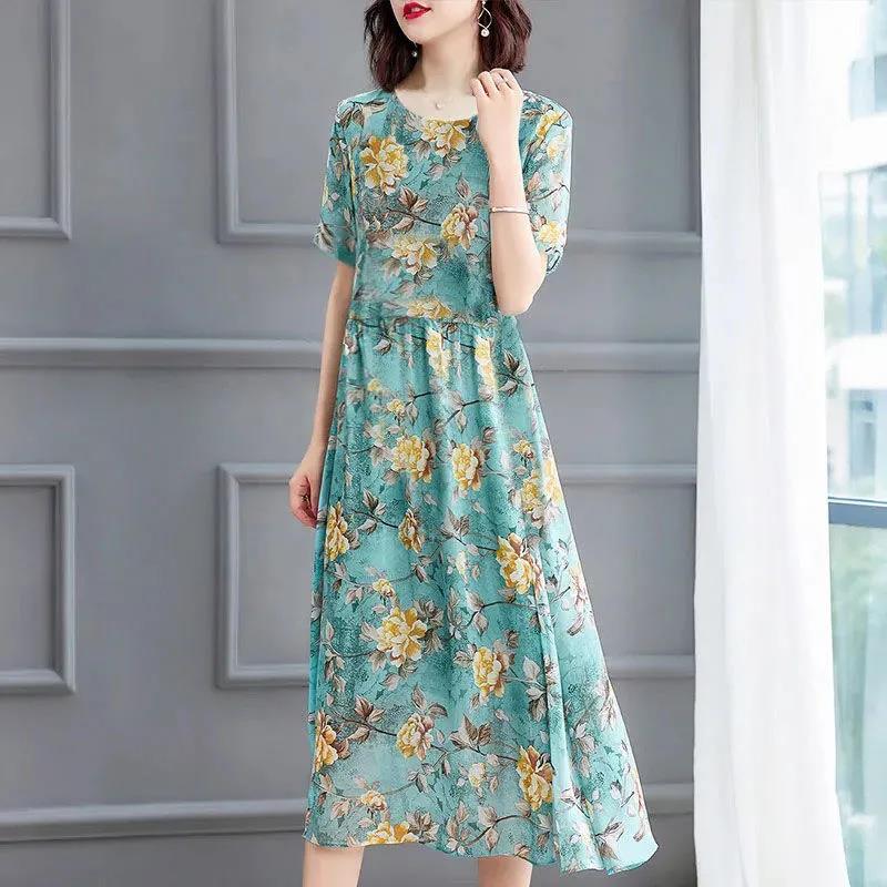 Women's Summer Dress Print Round Neck Skirt Women's Plus Size Midi Skirt