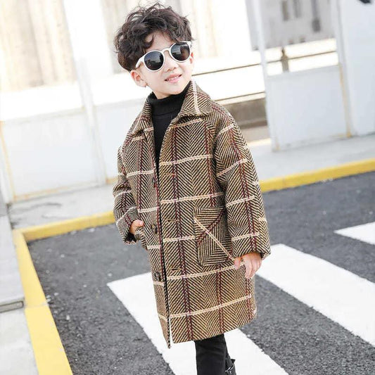 Boys Woolen Coats Mid-length Autumn and Winter Woolen Coats, Big Boys Plus Velvet Thickening Korean Style Western Cotton Coat