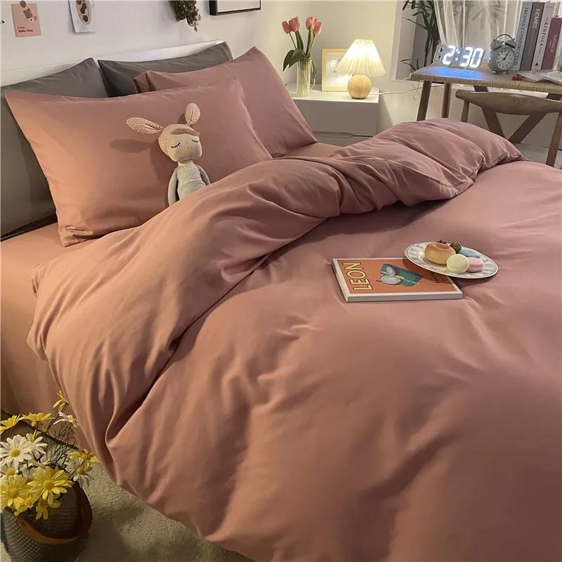 Pure Color Simple Nordic Fengshui Washed Cotton Four-piece Quilt Cover Sheet Student Dormitory Three-piece Bedding