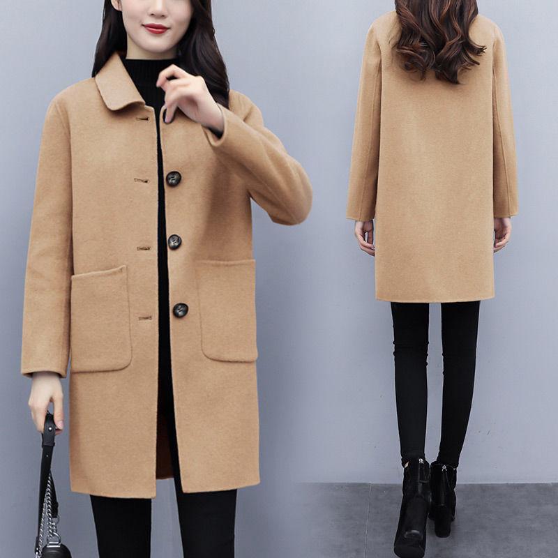 Winter Jacket Women Woolen Jacket Casual Med Long Solid Long Sleeve Winter Wool Coat Women Coats