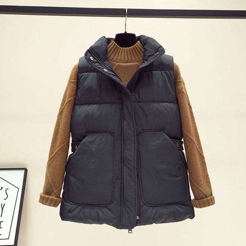 Autumn and Winter Korean Style Temperament Vest Solid Color Stand-up Collar Tie Coat Thickening Short Female Down Cotton Vest
