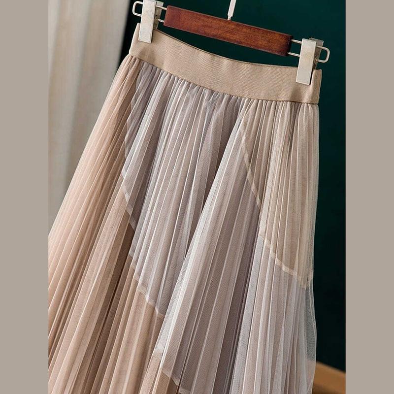Pleated Printed Gauze Skirt High Waist Elastic Waist Mid-length Large Hem Skirt Spiral Color Stitching Lace A-line Skirt