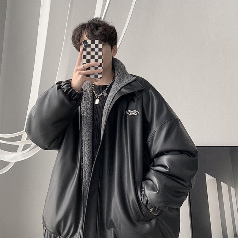 Double-sided Pu Lint Padded Jacket Men's Padded Jacket Plus Velvet Thick Lamb Wool Jacket Autumn and Winter Style Padded Jacket
