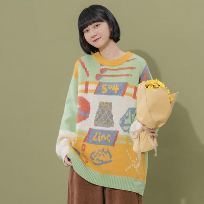 Japanese Retro Hong Kong Style Student Sweater Men's Autumn and Winter Wear Loose and Lazy Women's Forest Color-blocking Round Neck Sweater