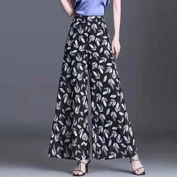 Women's Spring Summer Wide Leg Pants Loose Thin High Waist Plus Size Culottes Elastic Waist Printed Long Straight Pants