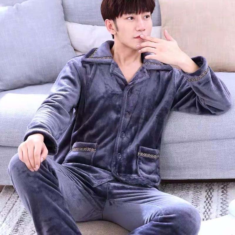 Men's Pajamas Winter Coral Velvet Thickened Plus Velvet Plus Size Youth Cardigan Home Service Suit