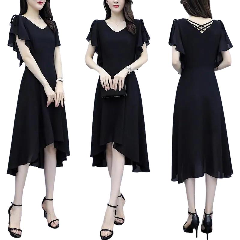 Summer Fashion Black Dress Loose Large Size Casual Slim Chiffon Dress Ruffled Short-sleeved Over-the-knee Skirt