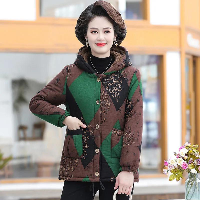 Winter Padded Jacket Chinese Printing Hooded Down Jacket Plus Velvet Padded Short Padded Jacket
