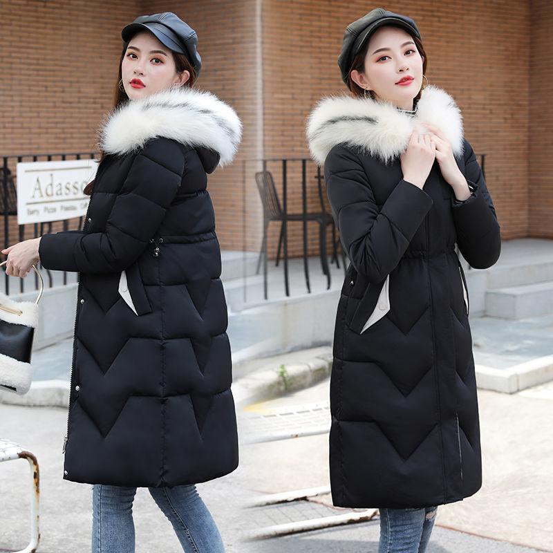 Women's Mid-length Cotton-padded Jacket Over-knee Fluffy Big Fur Collar Hooded Down Jacket Waist Was Thinner and Thick Winter Padded Jacket
