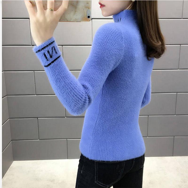 Pofulove Mink Fur Sweater Blouse Slim Half Turtleneck Bottom Sweater Pullover Thick Sweater Women