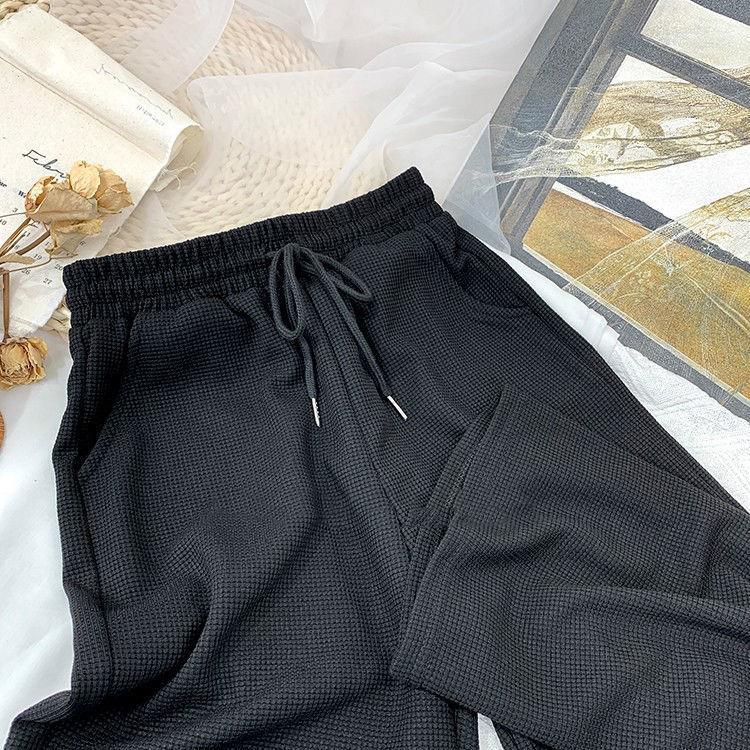 Waffle Elastic High Waist Casual Pants Autumn and Winter Women's Korean Style Loose Drape Wide Leg Trousers Show Leg Length Sports Jogging Pants