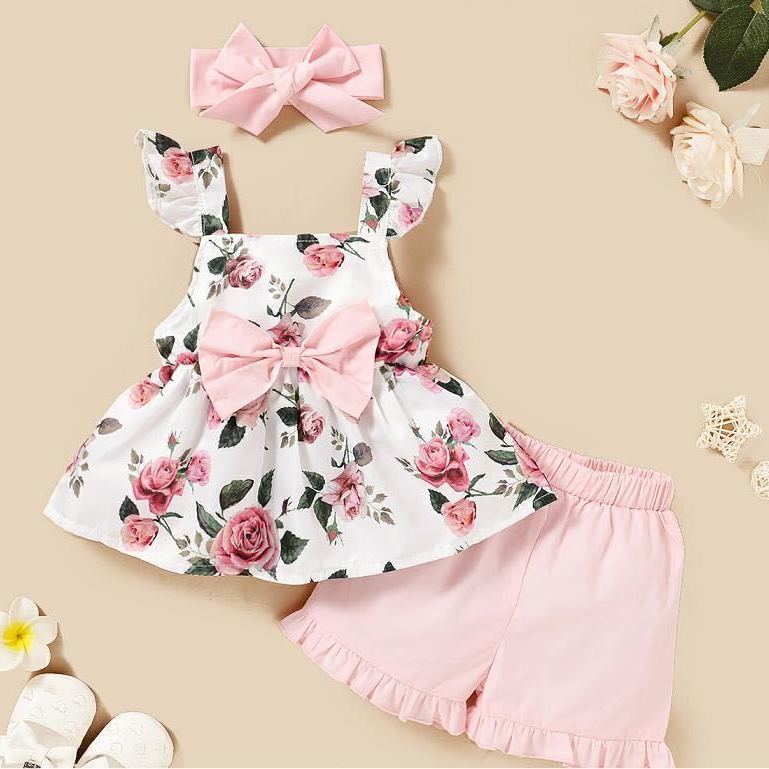 Newborn Baby Girl Clothes Set Toddler Girls Sleeveless Floral Print Suspender Tops+Ruffles Shorts Outfits Casual Infant Clothing