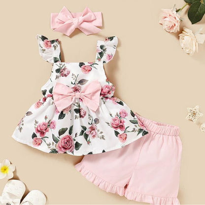 Newborn Baby Girl Clothes Set Toddler Girls Sleeveless Floral Print Suspender Tops+Ruffles Shorts Outfits Casual Infant Clothing
