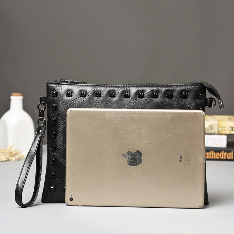 Business Briefcase Men Black Rivets Large Capacity Anti-theft Shoulder Crossbody Mobile Phone Bag