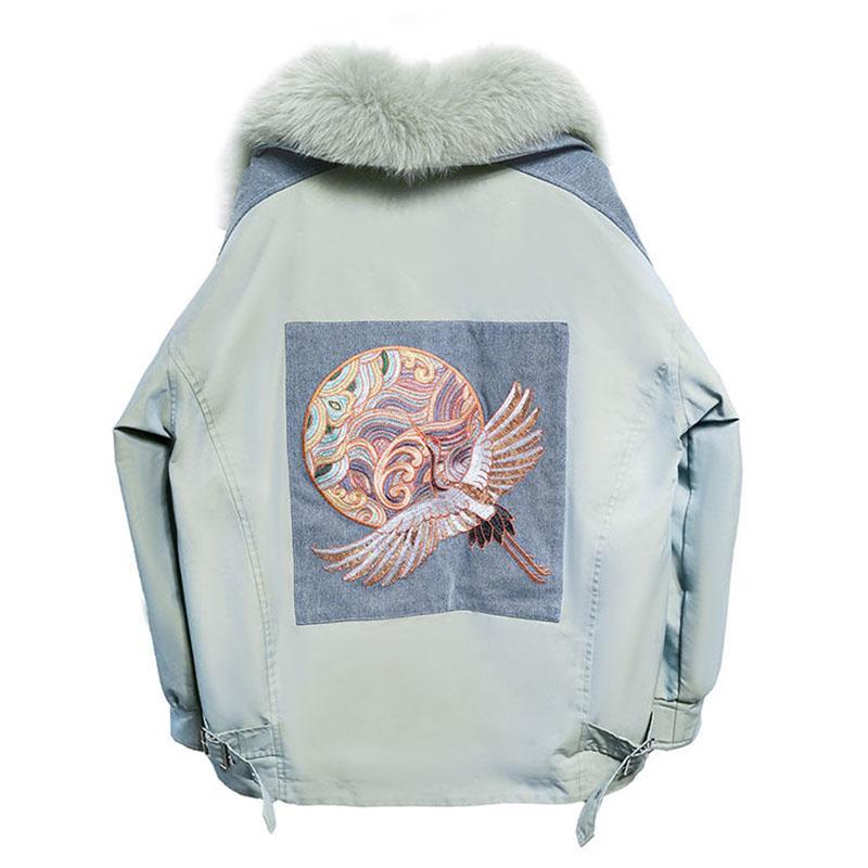 Thicken Hooded Parka Women Loose Embroidery Parka Coat with Big Fur Collar Outerwear Autumn Winter Cotton Jacket  Coat Parkas Female