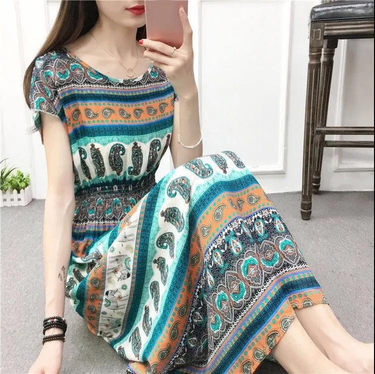 Ethnic Style Long Dress Casual Comfort Cotton Dress Plus Size Short Sleeve Dress Summer