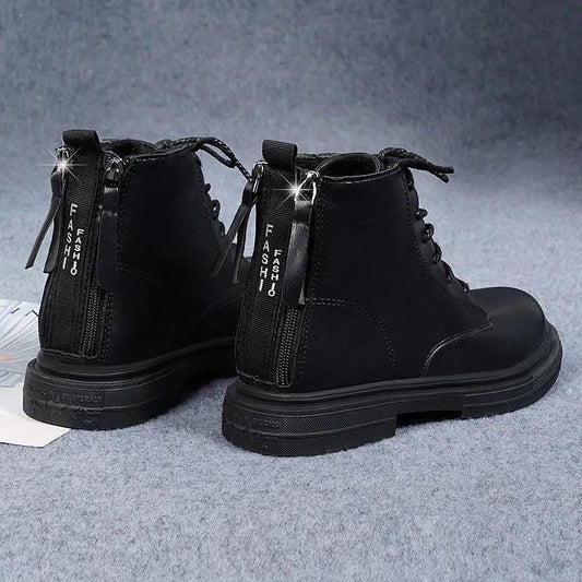 Autumn and Winter Lace-up Heel Double Zipper Martin Boots Women's Short Boots Wild Thick Bottom Plus Velvet