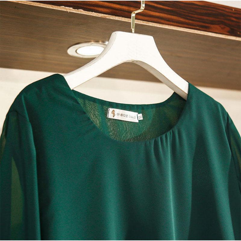 Solid Color Round Neck Pullover Shirt Chiffon Shirt Five-point Sleeves Plus Fat Plus Size Women's Loose and Thin