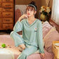 Women's Long-sleeved Pajamas Set Daisy Print V-neck Home Wear Suit Spring Sweet Casual Large Size Loose Pajamas Two-piece Set