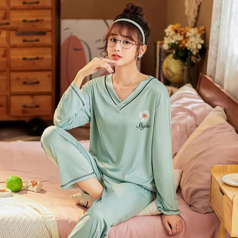 Women's Long-sleeved Pajamas Set Daisy Print V-neck Home Wear Suit Spring Sweet Casual Large Size Loose Pajamas Two-piece Set