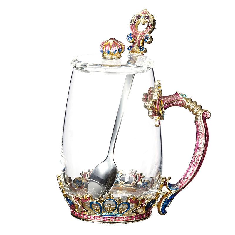 Retro Enamel Color Water Cup Flower Teacup Personality Trend Glass Female Teacup Creative Home Coffee Cup with Lid Spoon