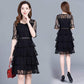 Pofulove M-4XL Women Summer Chiffon A-line Dress Lace Mid-length O-neck Cake Dress Evening Dress