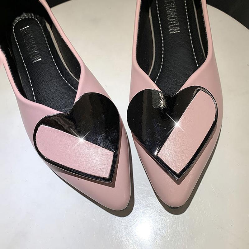Sweet Pointed Toe Flat Shallow Mouth Single Shoes All-match Women's Shoes Heart-shaped Square Buckle Soft Leather Flat Shoes