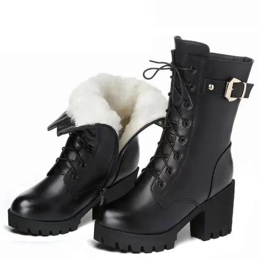 Winter Thick-soled Women's Martin Boots Chunky Heels Mid-boots Plus Velvet Warm Ankle Boots