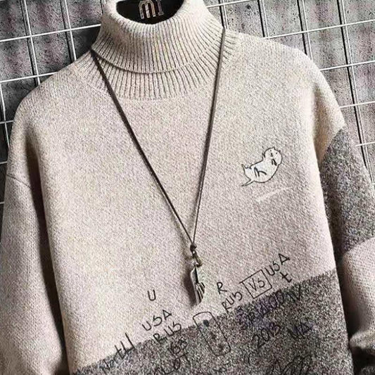 Golden Men's Turtleneck Sweater Winter Youth Plus Velvet Thick Warm Bottoming Sweatshirts