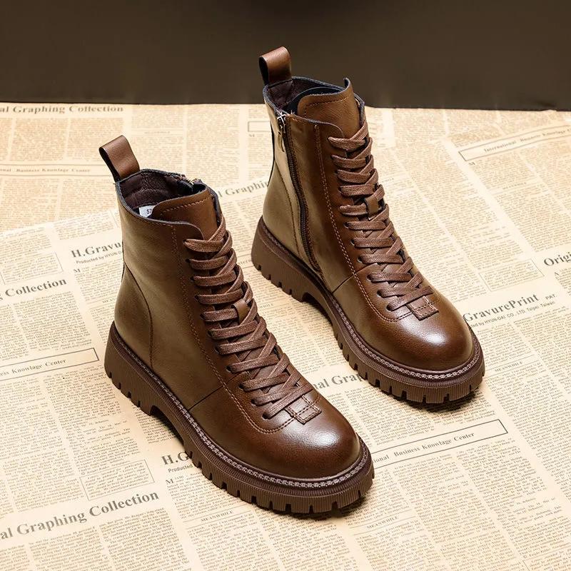 Retro Brown Martin Boots Women Autumn and Winter British Style Leather All-match Thick-soled Short Boots Women Plus Velvet Waterproof Boots