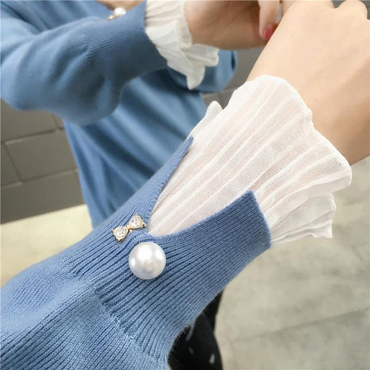 Plus Velvet Thick Warm Sweater Women  Ruffles Lace Stitching Collar Pullover Sweater Short Stretchable Slim Knitwear Jumper