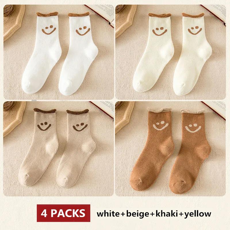 4 Pairs Women's Thick Socks Cute Smile Face Stockings Japanese Autumn Winter Warm Plus Velvet Socks Solid Color Indoor Floor Socks