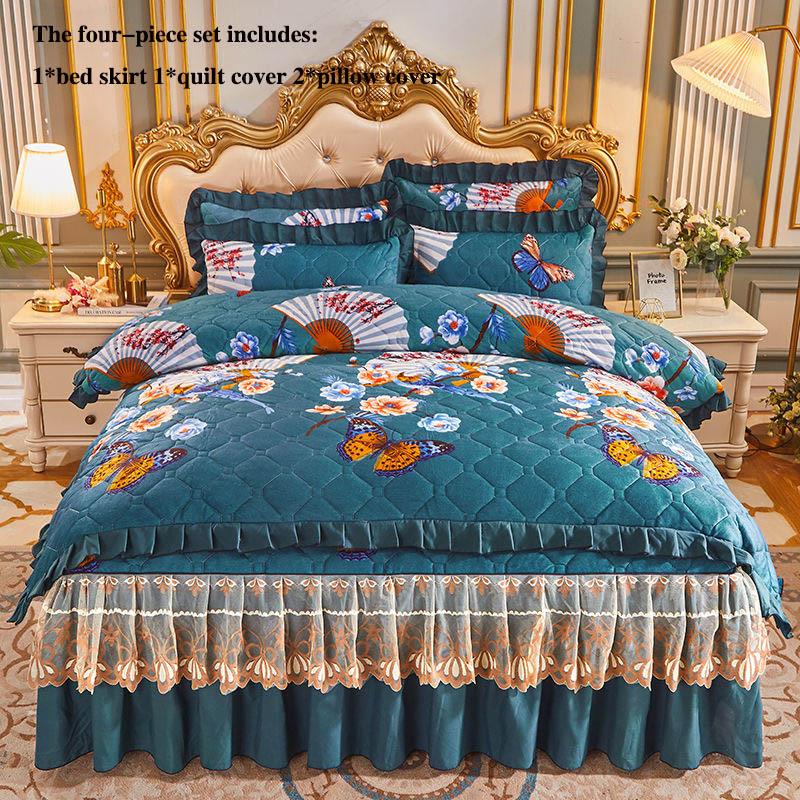 Crystal Velvet Bed Skirt Bed Sheet and Pillowcase Four-piece Thickening and Cotton Bedding Set Court Style