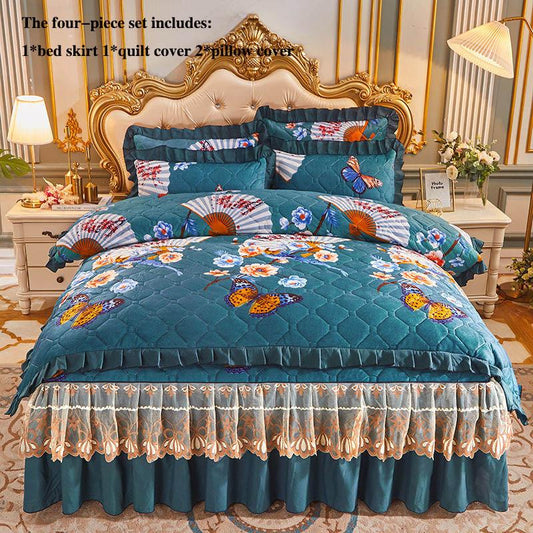 Crystal Velvet Bed Skirt Bed Sheet and Pillowcase Four-piece Thickening and Cotton Bedding Set Court Style