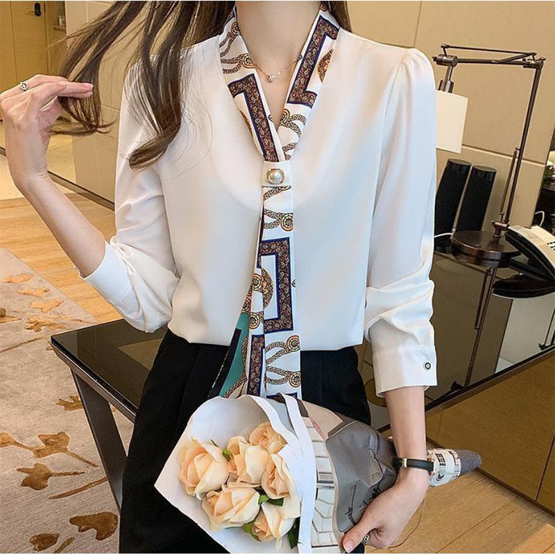 Ladies Shirt Design V-Neck White Blue Contrast Color Long-Sleeve Top Temperament Tie Professional Dress