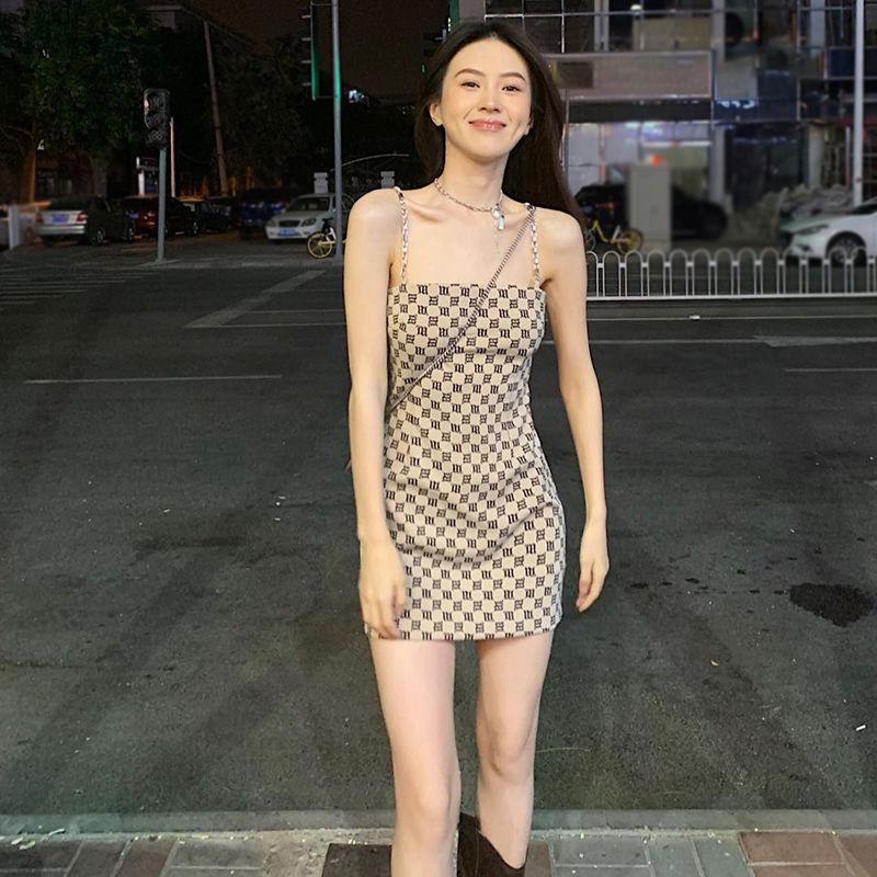 Women's Clothing Houndstooth Chain Sexy Babes Sling Dress Hollow Out Strapless  Sleeveless