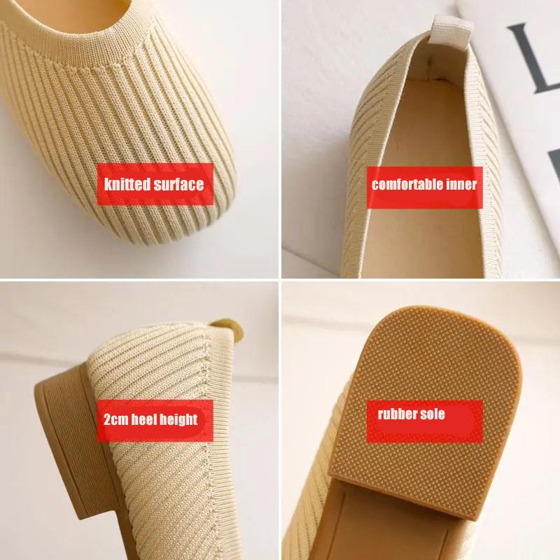 Knitted Flat Shoes Women's Spring Korean All-match Square Toe Peas Shoes Shallow Mouth Square Toe Knitted Single Shoes Slip on Breathable Granny Shoes