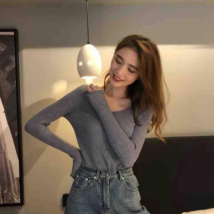 Pofulove Autumn Winter V-neck Knitted Long-sleeved Slim Warm Shirt Retro Pullover Sweater Women