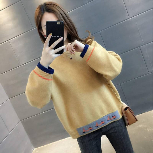 Autumn and Winter Womens Round Neck Color Matching Comfortable Loose Without Velvet Sweater Pull