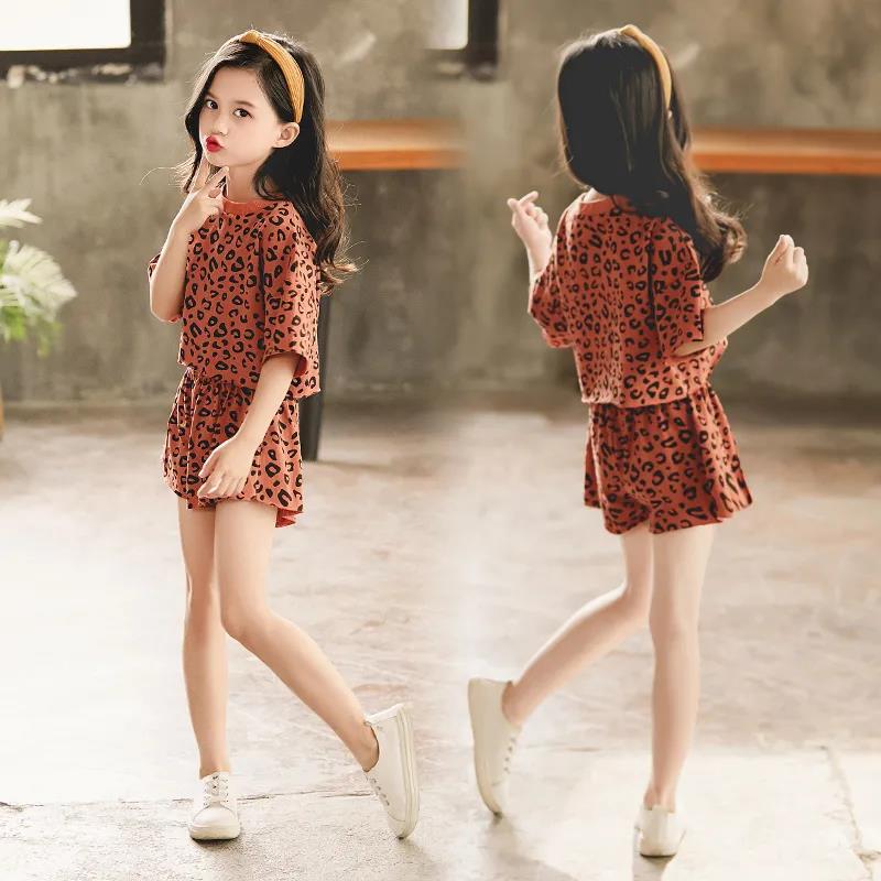 Girls' Summer Suits Leopard Print Middle and Large Children's Clothes T-shirts, Shorts Cotton Two-piece Student Suits