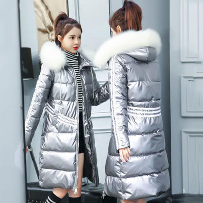 Women's Glossy Loose Down Jacket Mid-length Korean Thick Coat Warm Cotton Coat with Big Fur Collar Winter Quilted Jacket